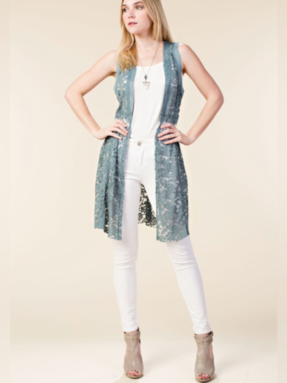Vocal Apparel Lace Sleeveless Duster Long Vest